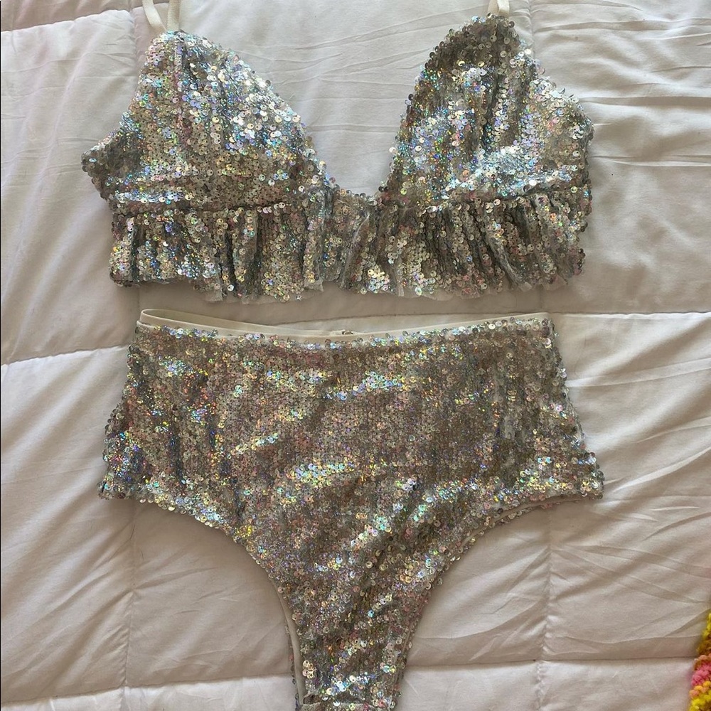 silver sequin rave set, top worn once and bottoms never worn